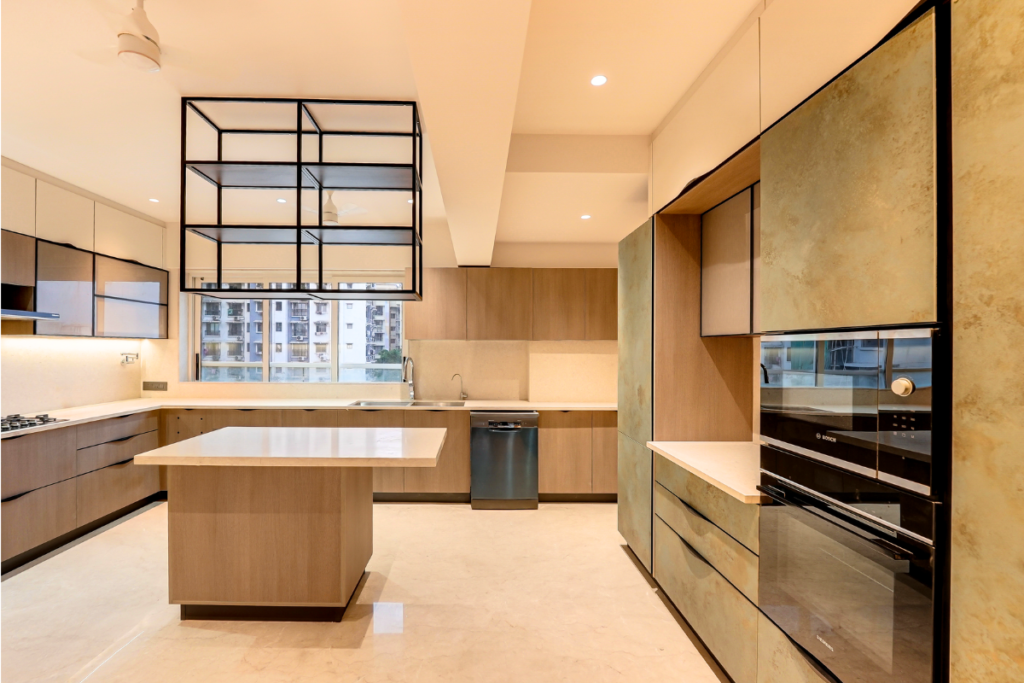 Luxury island modular kitchen with wooden cabinetry, central island and built-in appliances